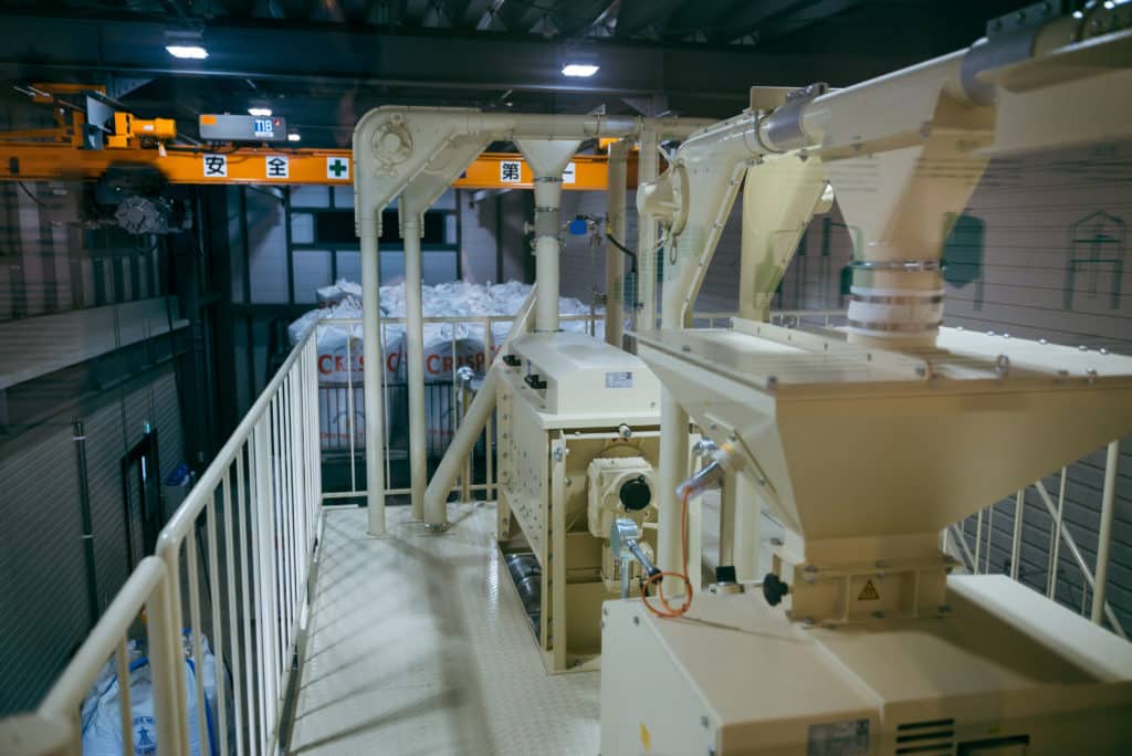 Malt waiting to be milled at Yamaga Distillery's milling room